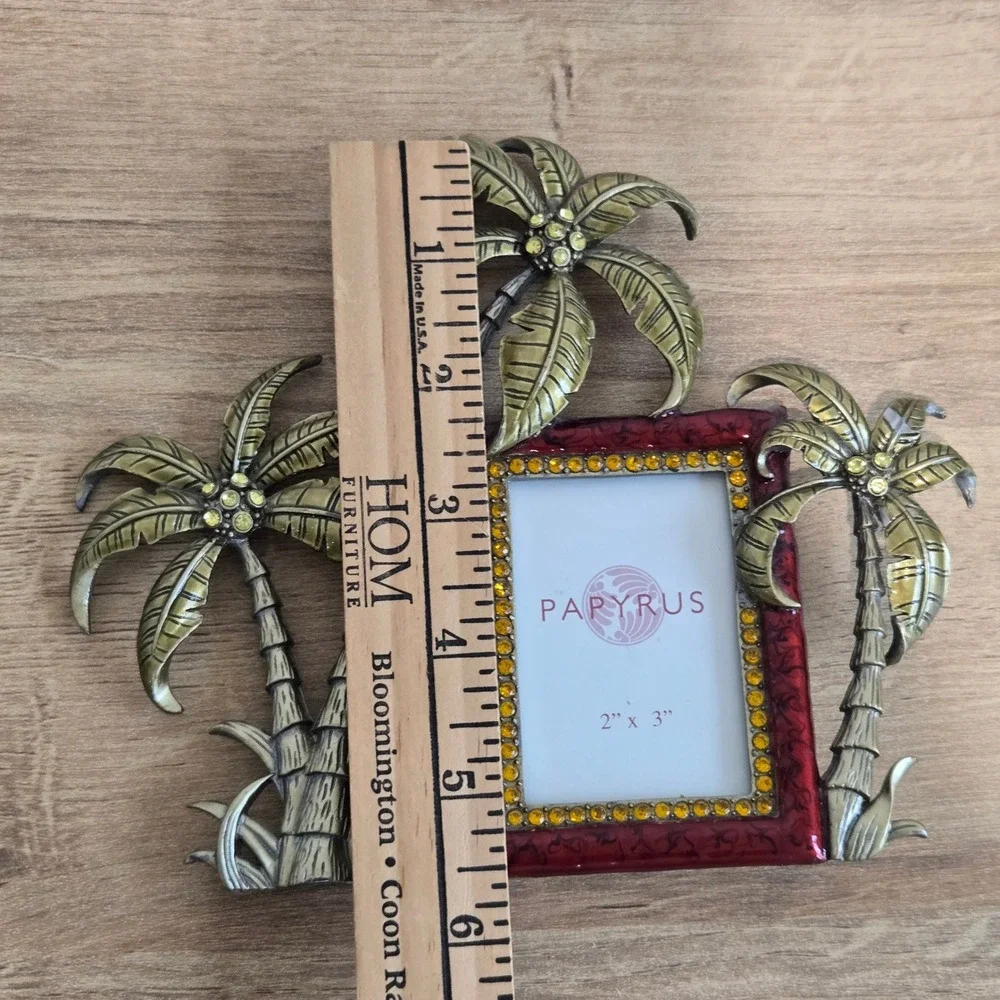 Papyrus Tropical Palm Tree‎ Picture Frame Red Enamel Gold Metal Rhinestone 2x3